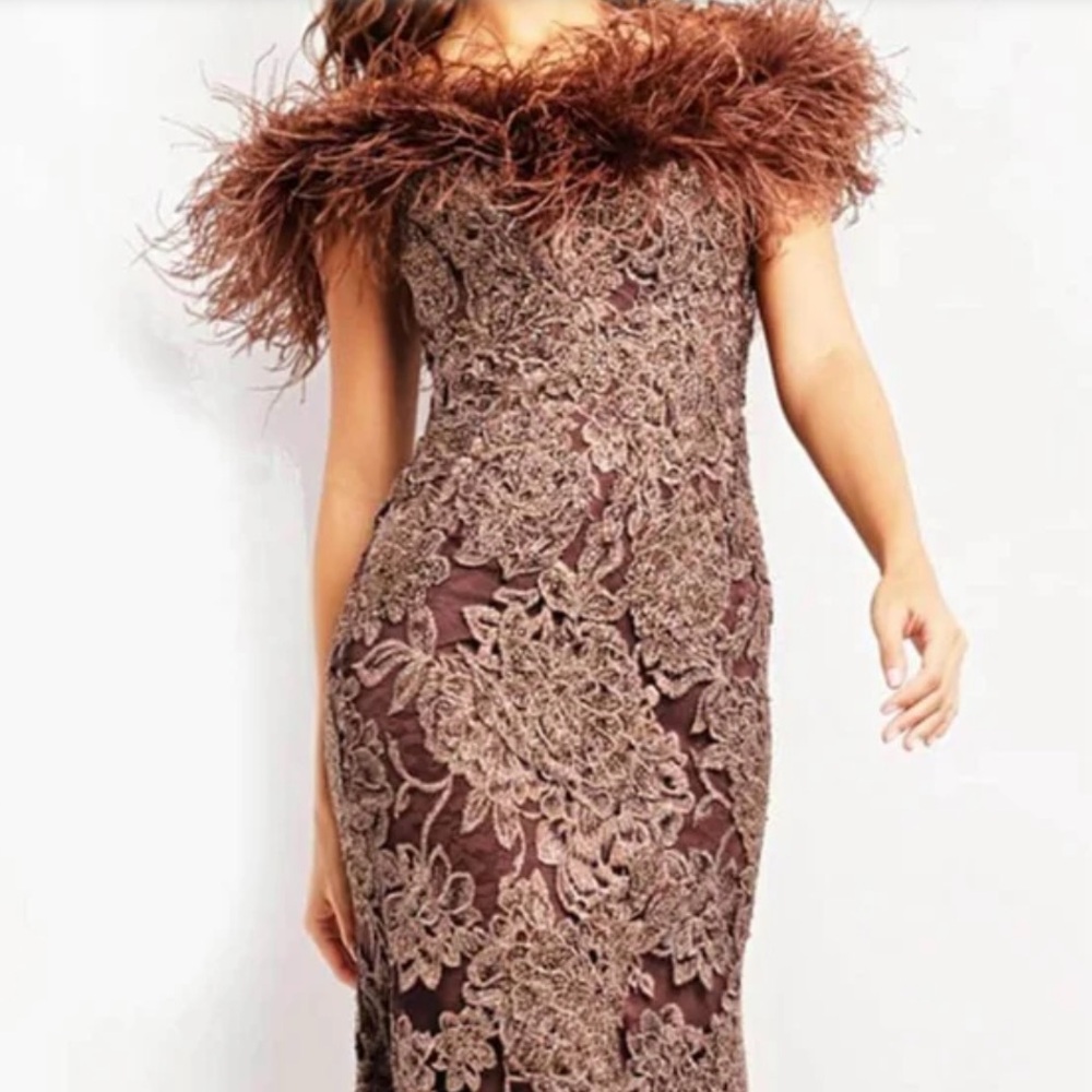 Jovani 23030 - Lace Evening Dress with Feather Fringes